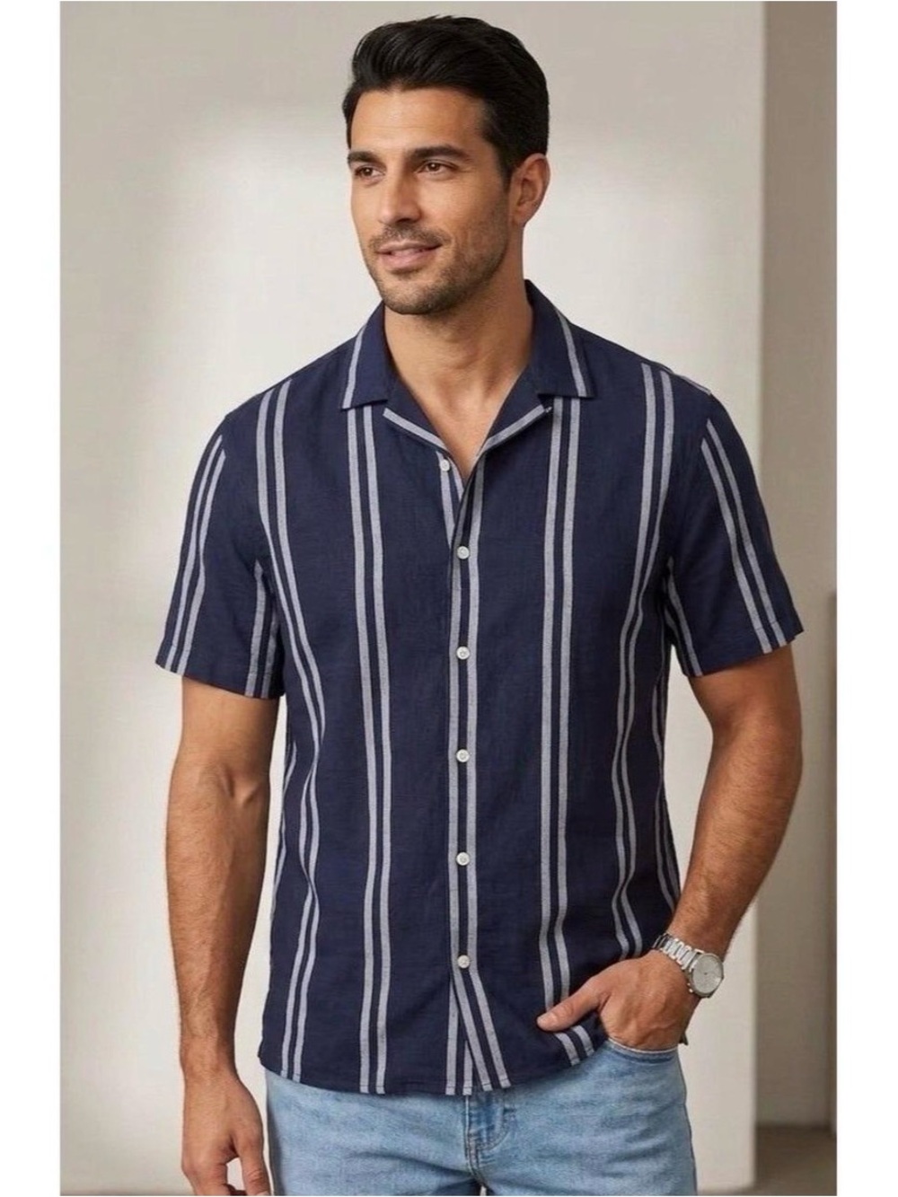 Zara Navy Short-Sleeve Vertical Stripe Button-Down Shirt